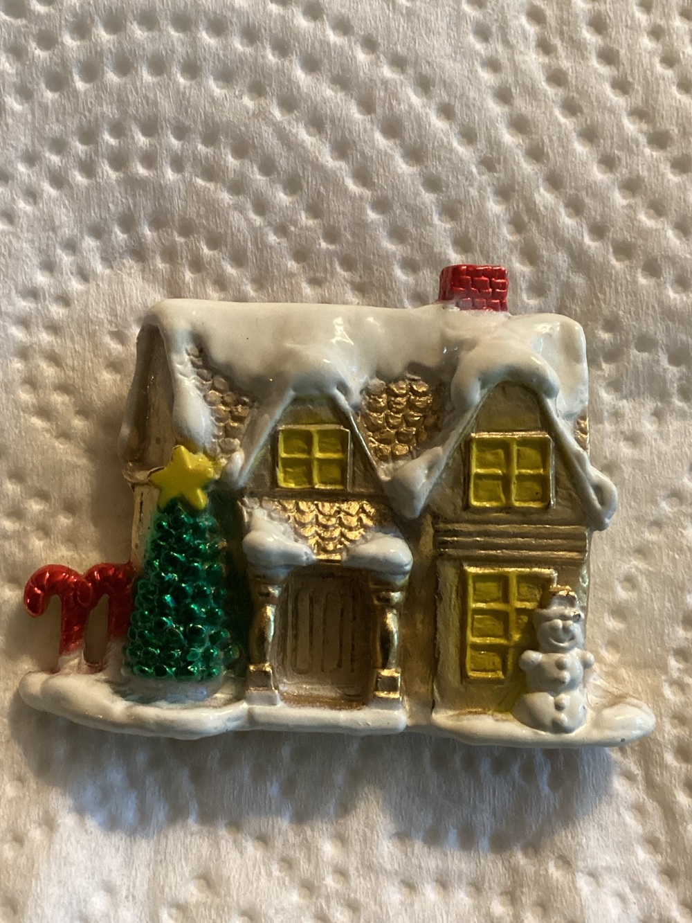 Festive Ceramic Holiday House Ornament in Gold and White